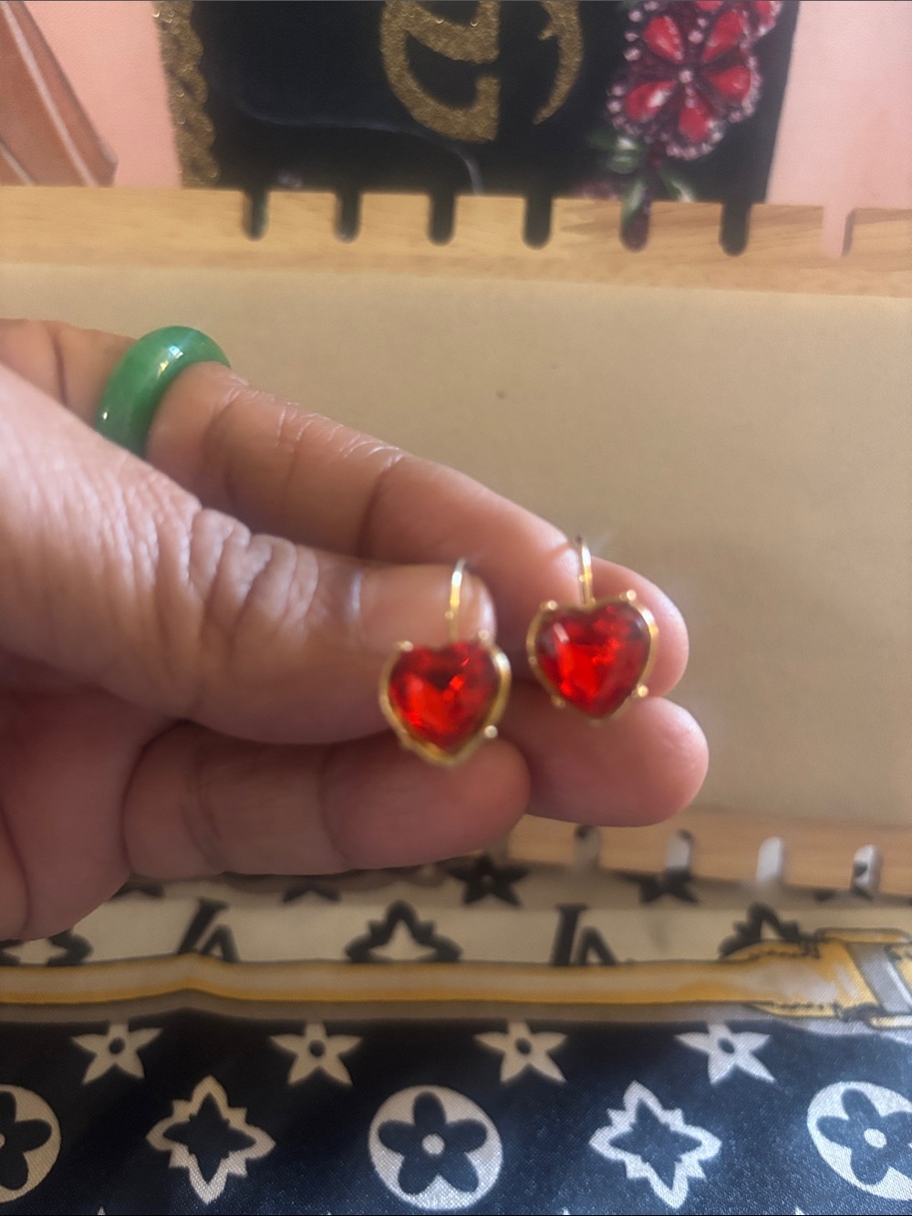 Gold-Tone Heart Drop Earrings with Red Crystal Hearts